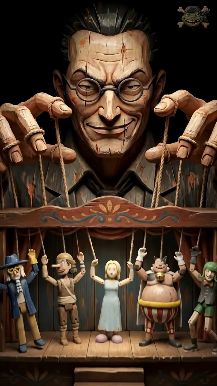 Captain Kuro carved as a giant wooden puppet-master holding strings attached to miniature wooden marionettes of Jango, Usopp, Kaya, Buchi, and Sham