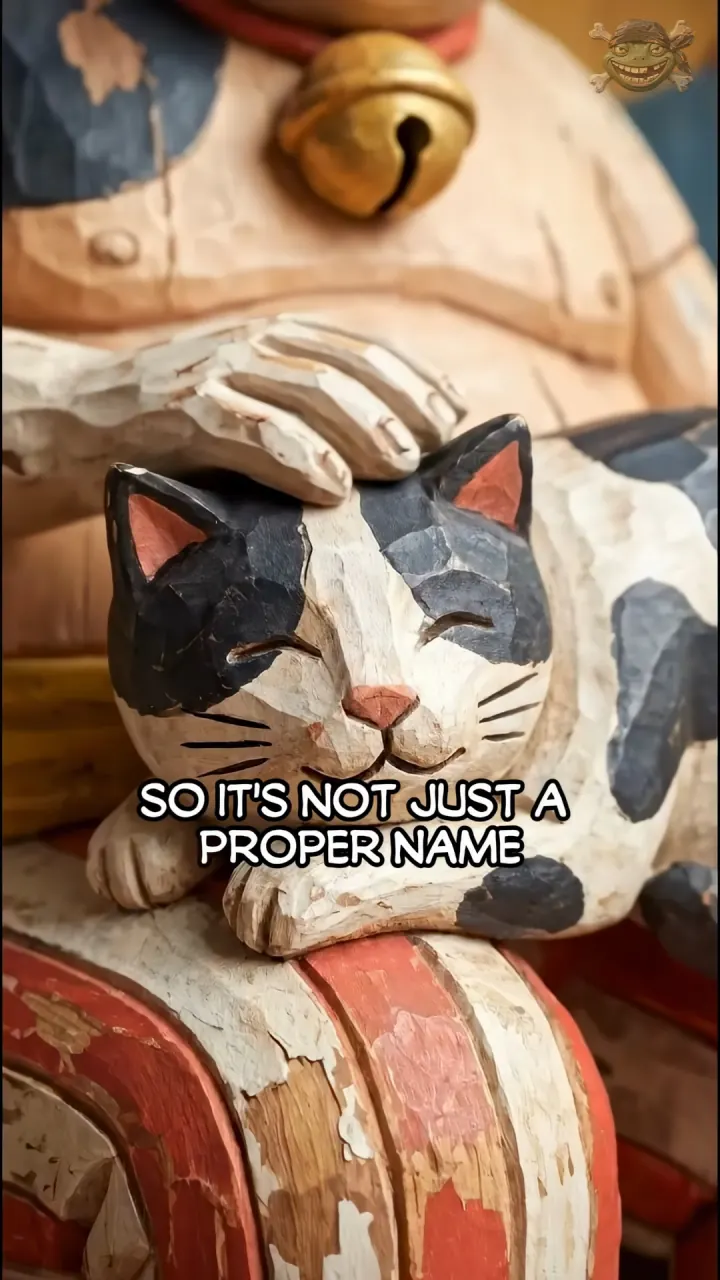 Carved wooden hand petting a black-and-white spotted buchi cat from Episode 04