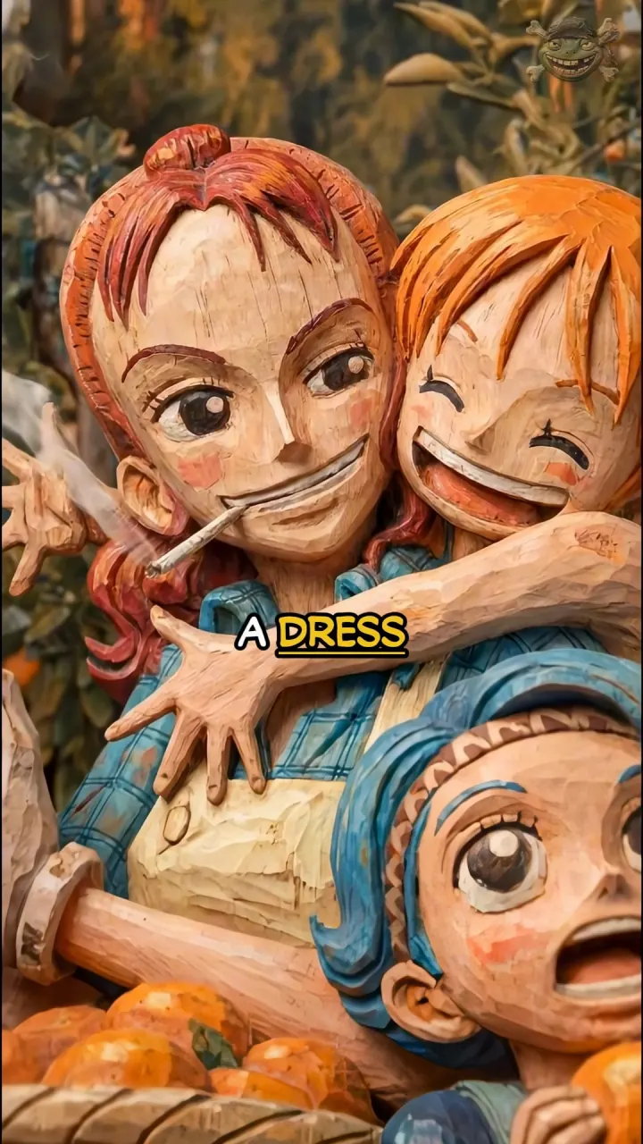 Carved wooden Bellemere hugging young Nami and Nojiko behind a basket of tangerines