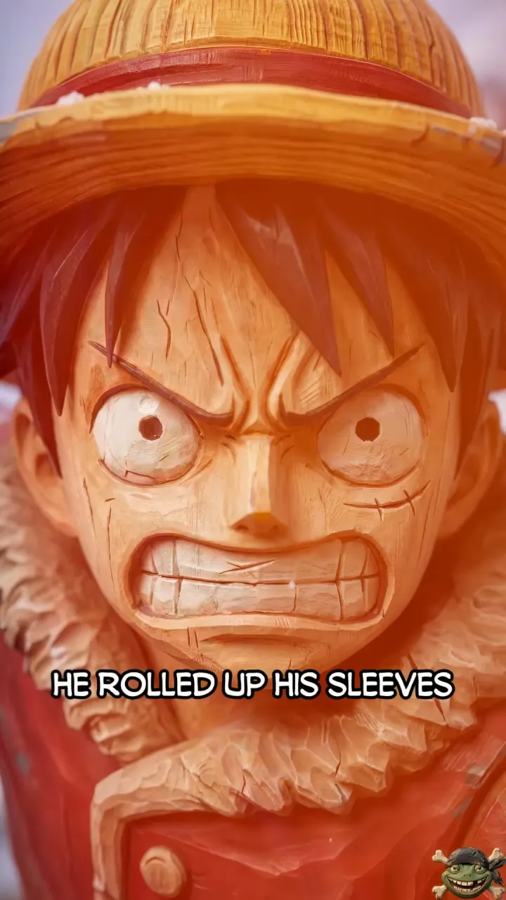 Extreme close-up of carved wooden Luffy gritting his teeth in the snow on Drum Island