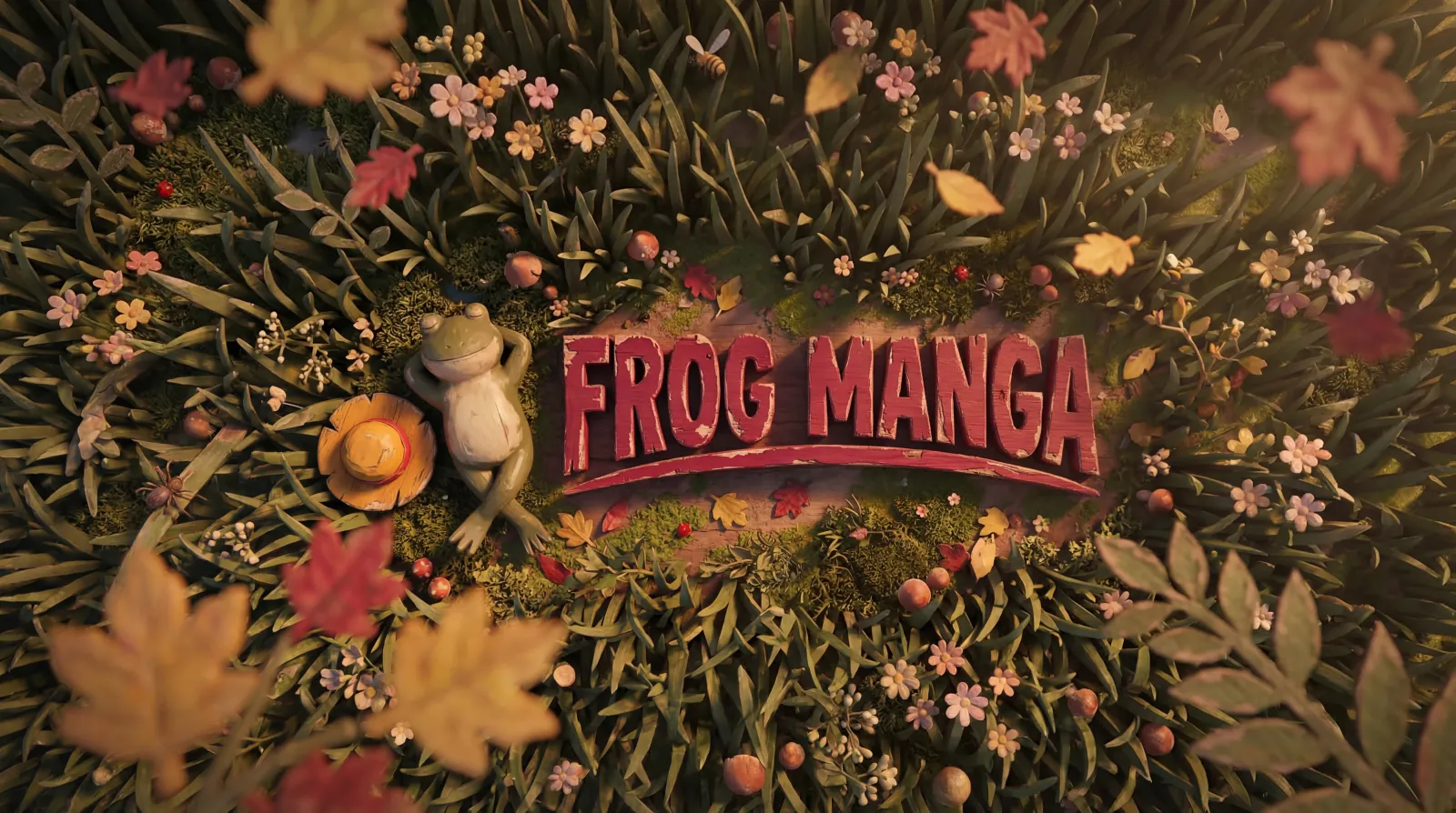 Hand-carved green wooden frog lounging on mossy grass next to Luffy's wooden straw hat and red carved wooden letters spelling FROG MANGA
