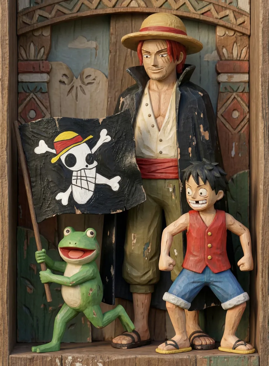 Carved wooden green frog running joyfully while holding the Straw Hat Pirates Jolly Roger flag alongside wooden sculptures of Shanks and young Luffy
