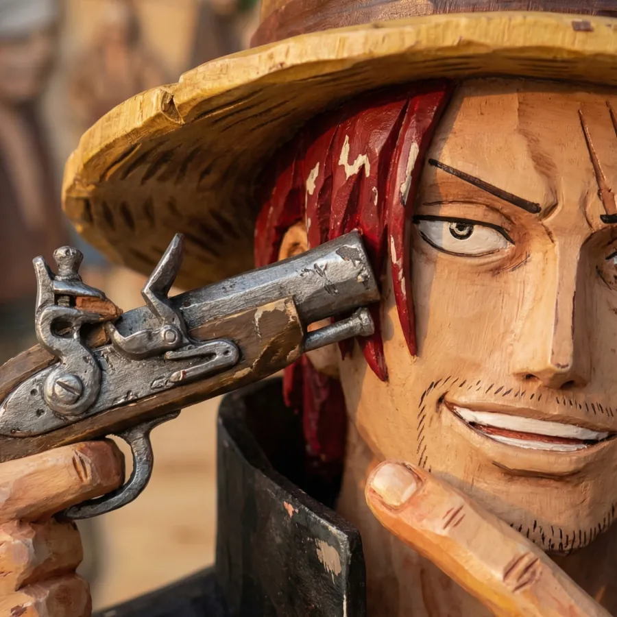 Macro shot of carved wooden Red-Haired Shanks smiling calmly with a flintlock pistol barrel pressed to his temple, showing chisel marks and chipped red hair paint