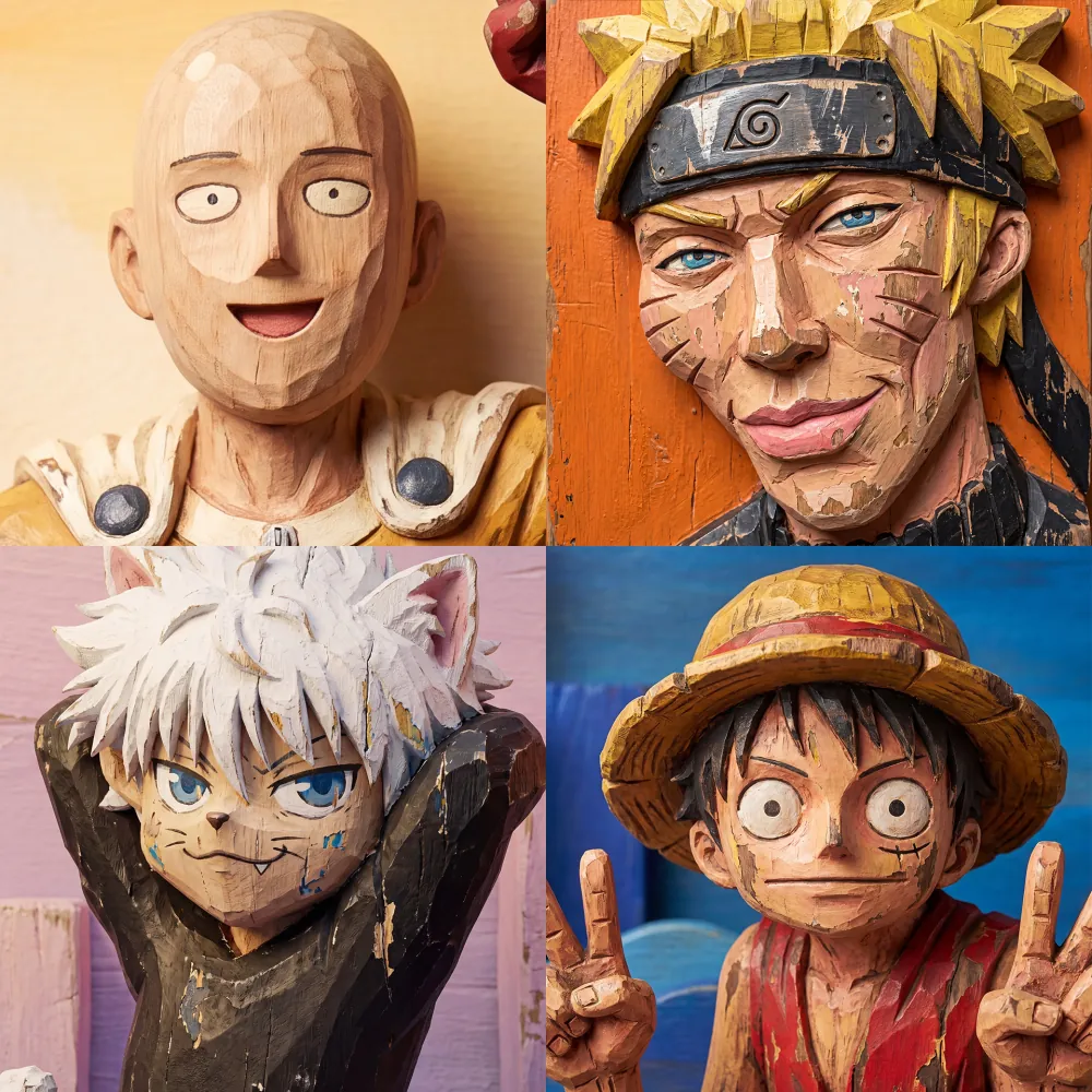 2x2 grid of hand-carved wooden toy sculptures depicting Saitama, Naruto, Killua, and Monkey D. Luffy